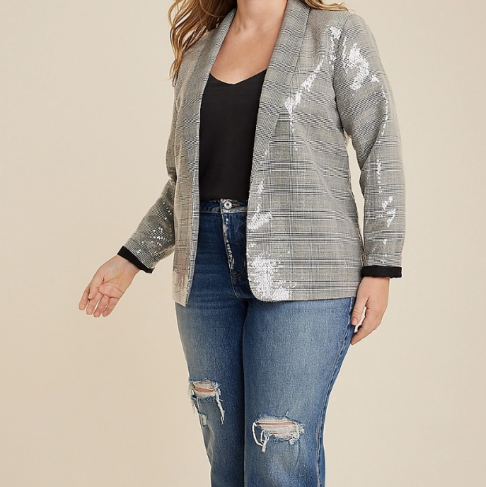Sequin Plaid Open-Front Blazer Jacket - Silver Gray